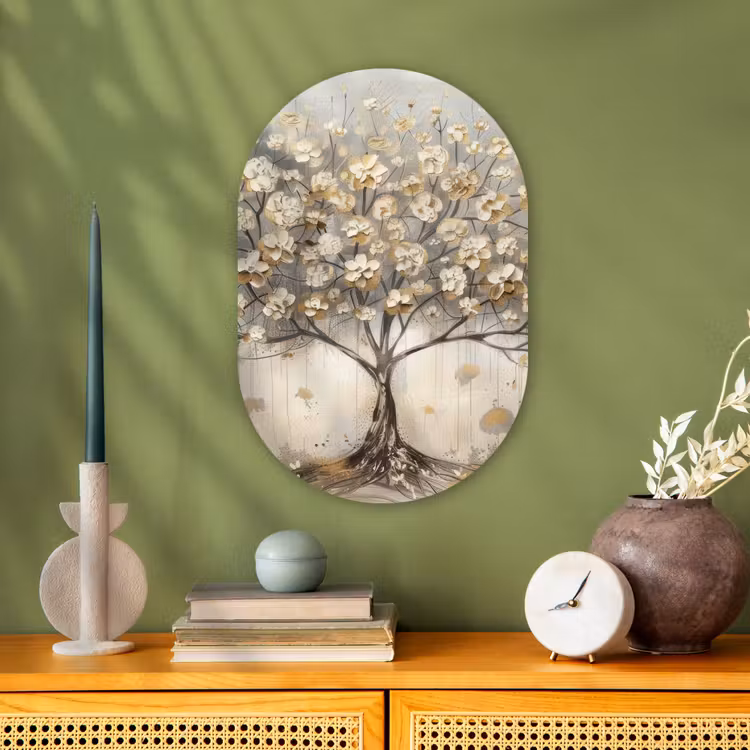 Boom - Beige - Goud - Verflook - Grijs Wandcirkel Ovaal Forex klein -sfeer2