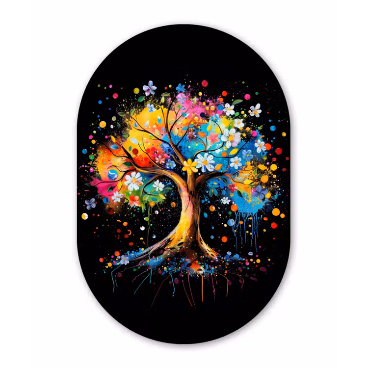 Boom - Kleurrijk - Bloemen - Zwart Wandcirkel Ovaal Forex klein -3d