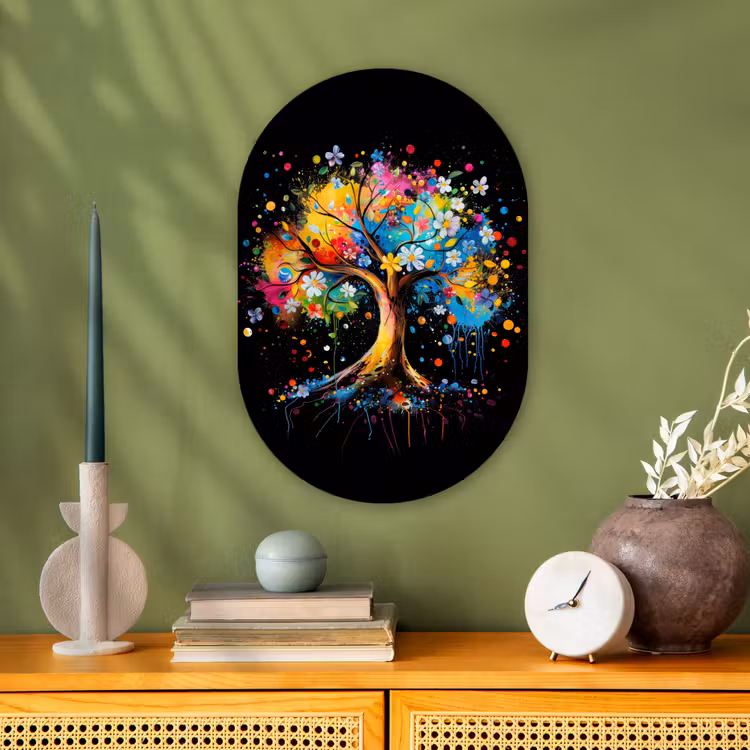 Boom - Kleurrijk - Bloemen - Zwart Wandcirkel Ovaal Forex klein -sfeer2