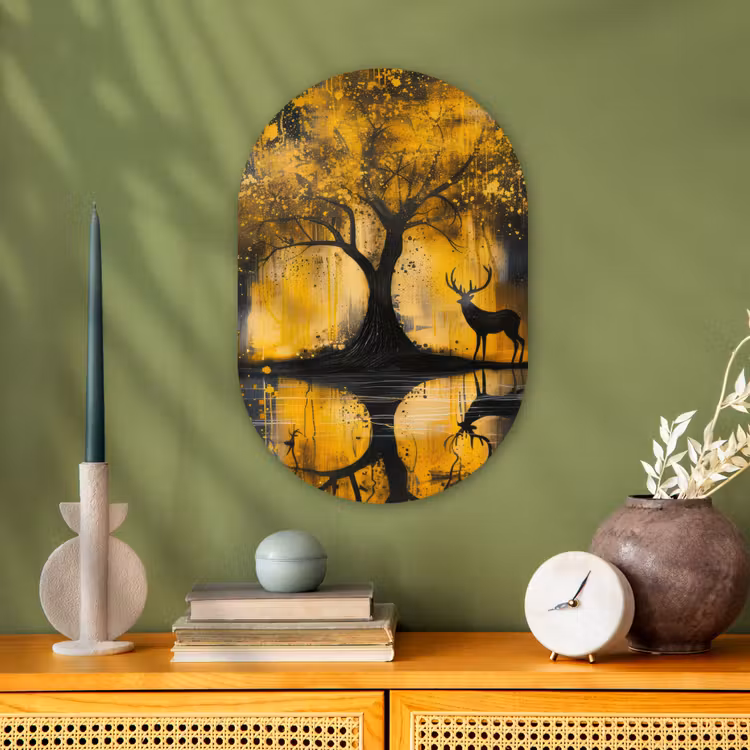 Boom - Verflook - Hert - Natuur - Goud Wandcirkel Ovaal Forex klein -sfeer2