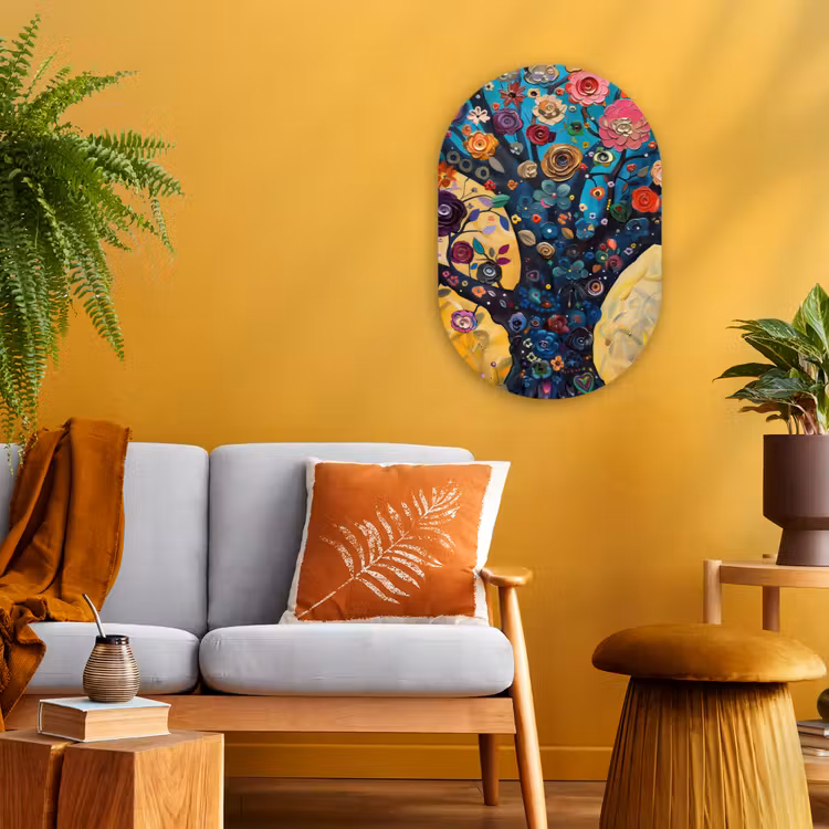 Boom - Levensboom - Kleurrijk - Bloemen - Modern Wandcirkel Ovaal Forex klein -sfeer4