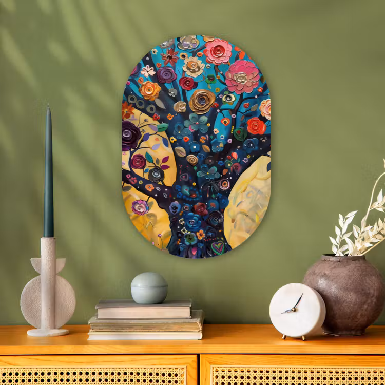 Boom - Levensboom - Kleurrijk - Bloemen - Modern Wandcirkel Ovaal Forex klein -sfeer2