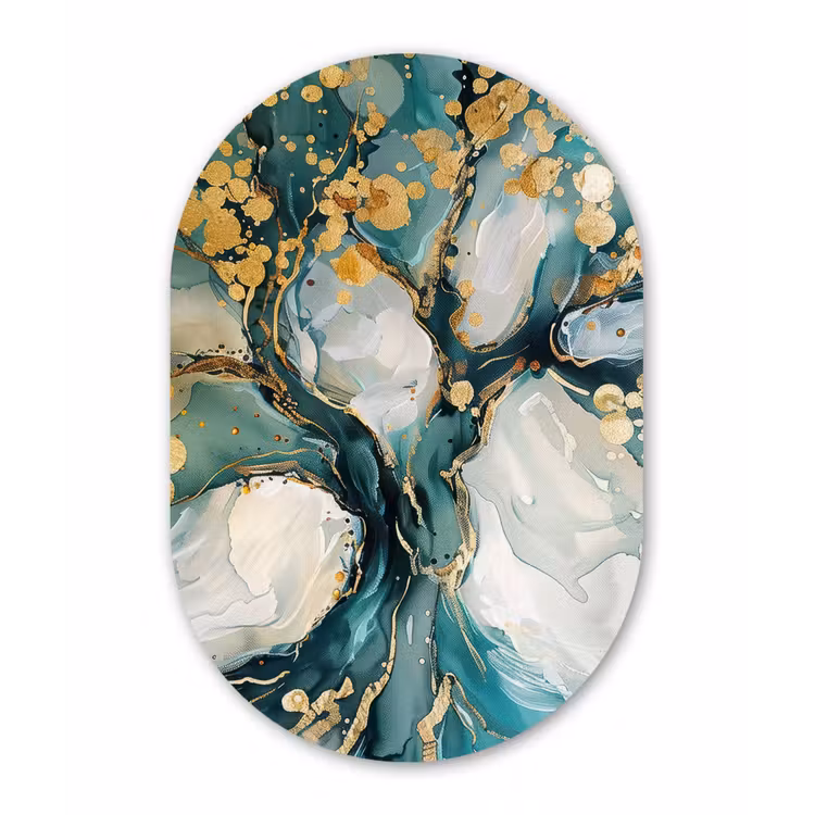 Boom - Modern - Verflook - Turquoise - Goud Wandcirkel Ovaal Forex klein -3d