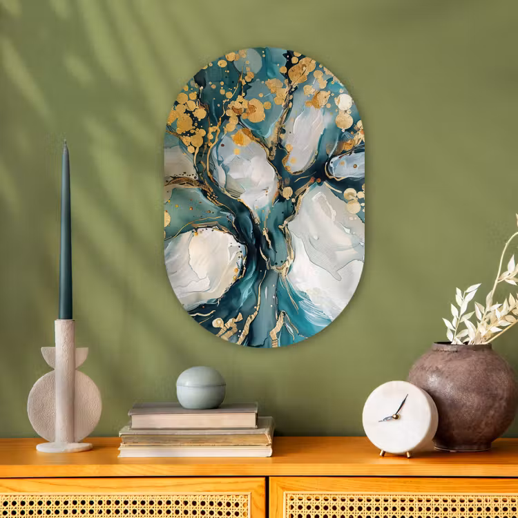 Boom - Modern - Verflook - Turquoise - Goud Wandcirkel Ovaal Forex klein -sfeer2