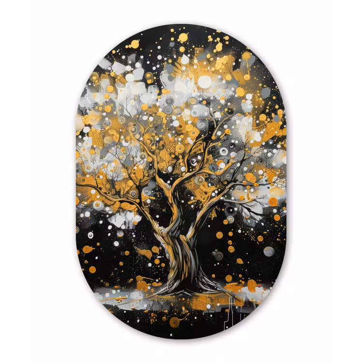 Boom - Zwart - Goud - Wit - Modern Wandcirkel Ovaal Forex klein -3d