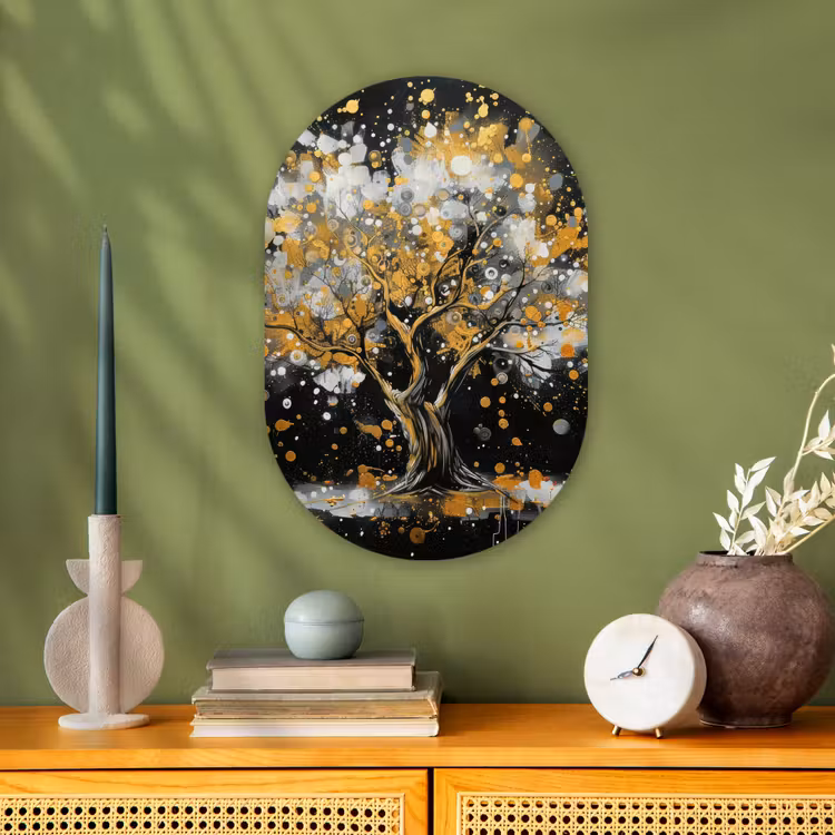 Boom - Zwart - Goud - Wit - Modern Wandcirkel Ovaal Forex klein -sfeer2