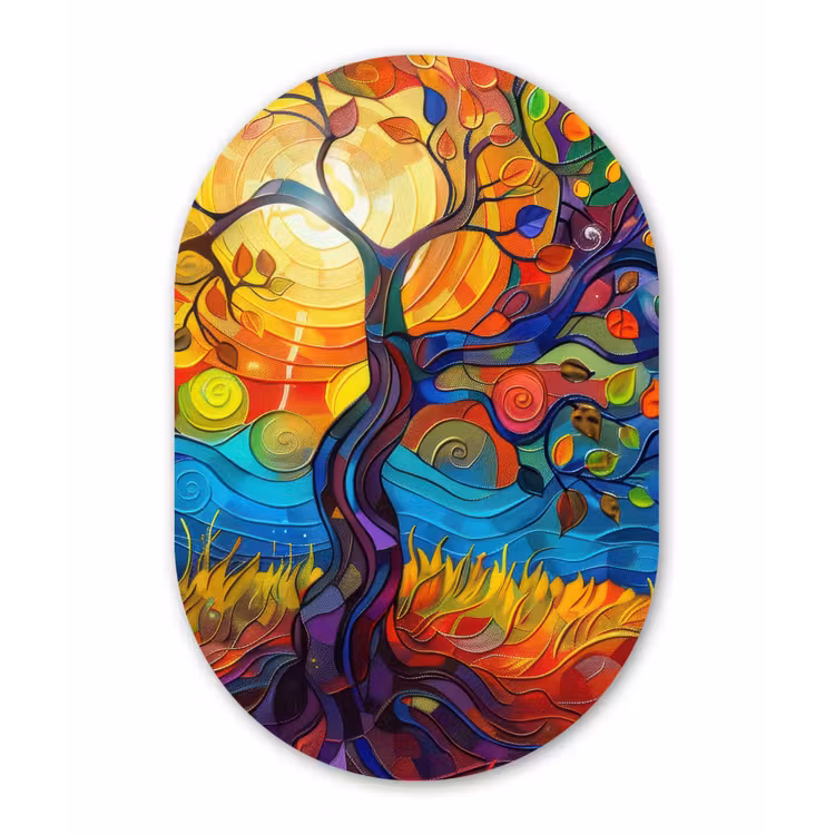 Boom - Zon - Verflook - Kleuren - Abstract Wandcirkel Ovaal Forex klein -3d