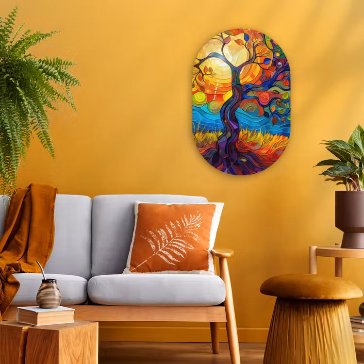 Boom - Zon - Verflook - Kleuren - Abstract Wandcirkel Ovaal Forex klein -sfeer4
