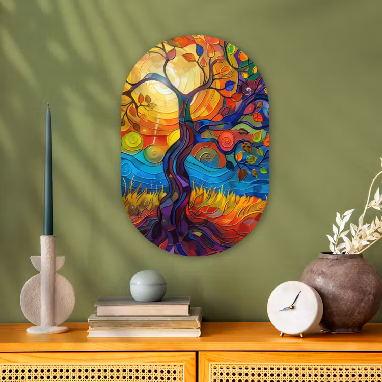 Boom - Zon - Verflook - Kleuren - Abstract Wandcirkel Ovaal Forex klein -sfeer2