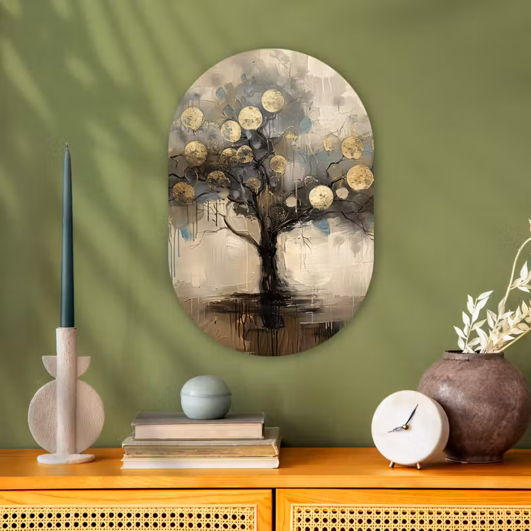 Beige - Abstract - Boom - Goud Wandcirkel Ovaal Forex klein -sfeer2