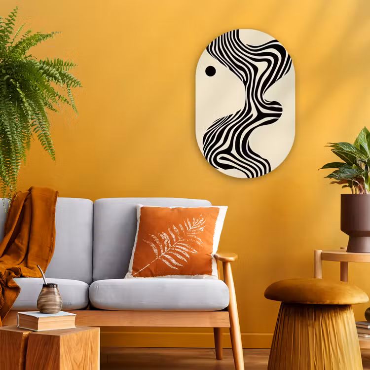 Beige - Lijnen - Golvend - Abstract Wandcirkel Ovaal Forex klein -sfeer4