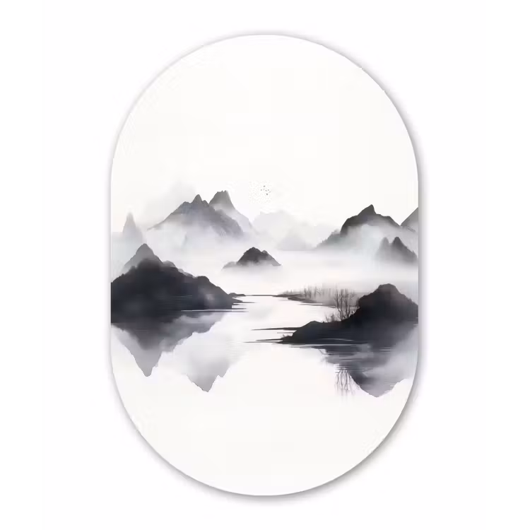 Bergen - Mistig - Water - Wit Wandcirkel Ovaal Forex klein -3d