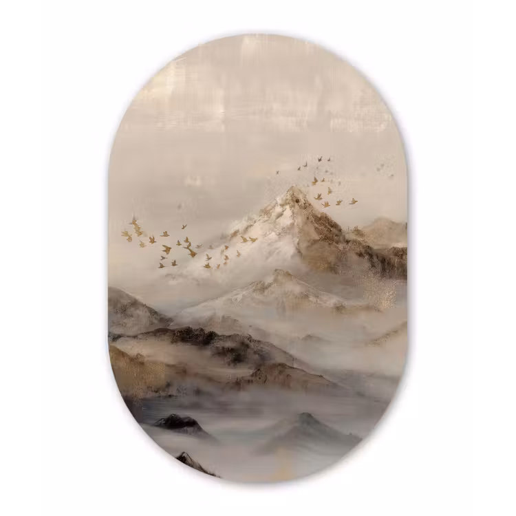 Berglandschap - Mist - Penseelstreken Wandcirkel Ovaal Forex klein -3d