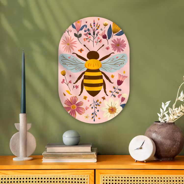 Bij - Geel - Bloemen - Kleurrijk Wandcirkel Ovaal Forex klein -sfeer2