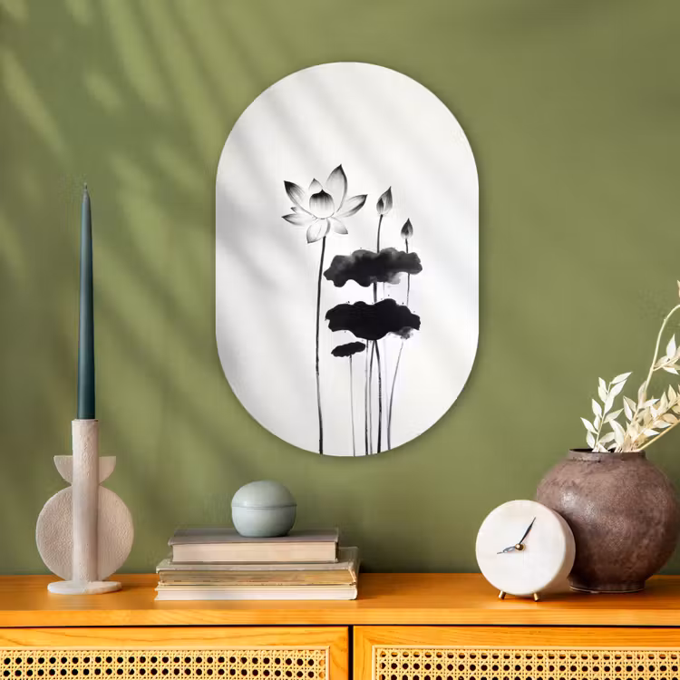 Bladeren - Zwart - Lotusbloem - Minimalitisch Wandcirkel Ovaal Forex klein -sfeer2