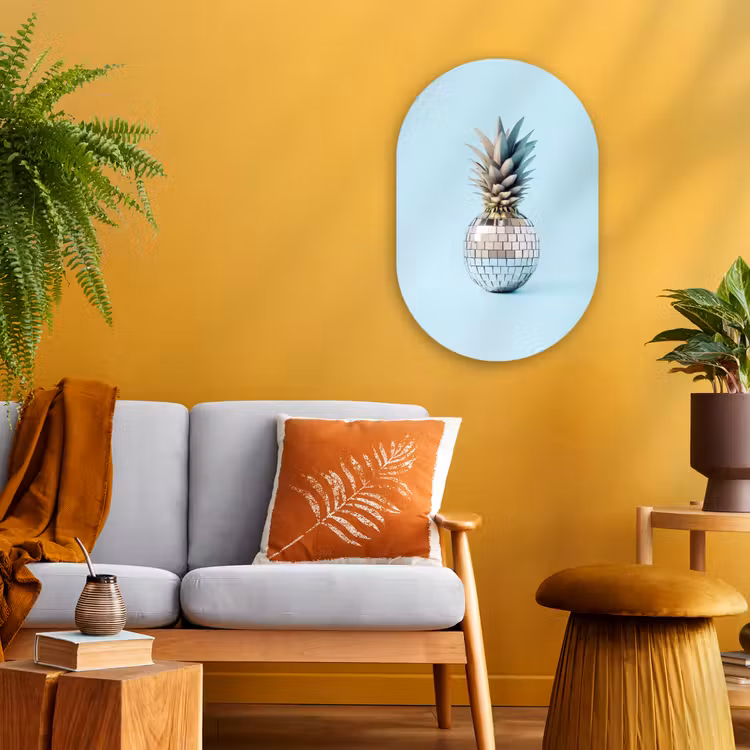 Blauw - Ananas - Disco - Discobal Wandcirkel Ovaal Forex klein -sfeer4