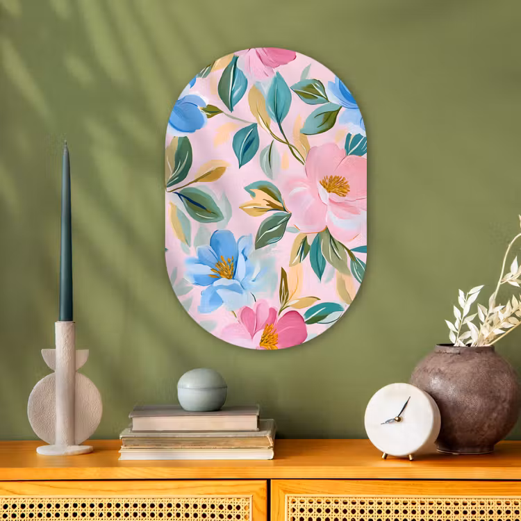 Blauw - Roze - Bloemen Wandcirkel Ovaal Forex klein -sfeer2