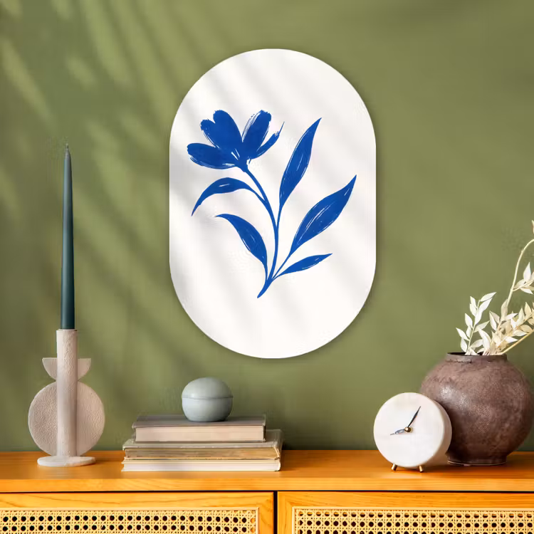 Bloem - Blaadjes - Minimalistisch - Blauw Wandcirkel Ovaal Forex klein -sfeer2