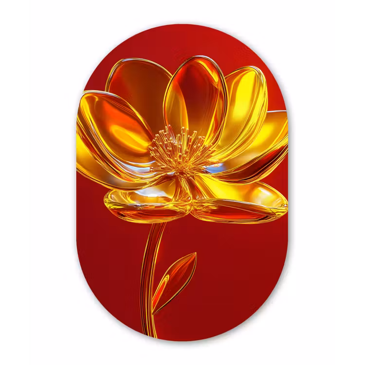 Bloem - Goud - Glazen Wandcirkel Ovaal Forex klein -3d
