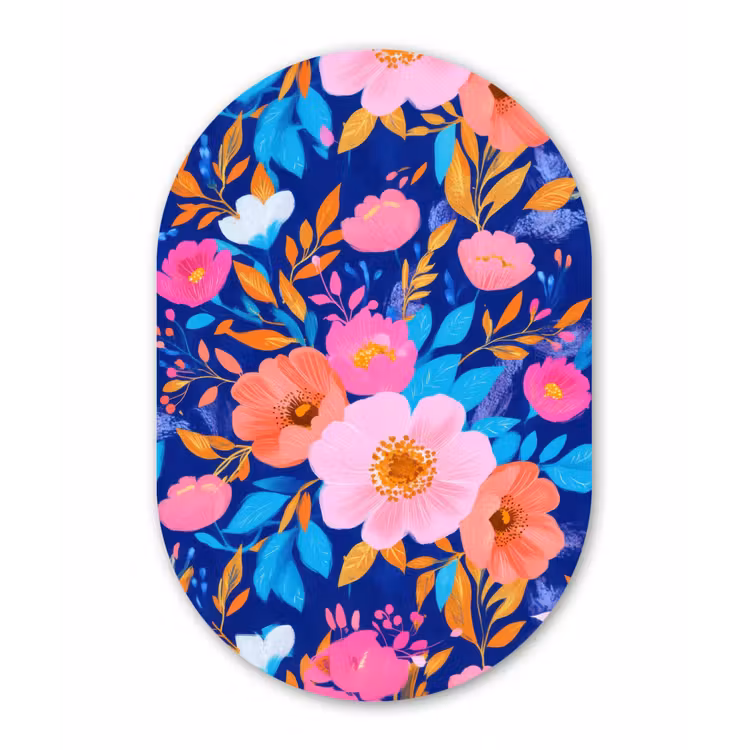 Bloemen - Blauw - Roze Wandcirkel Ovaal Forex klein -3d