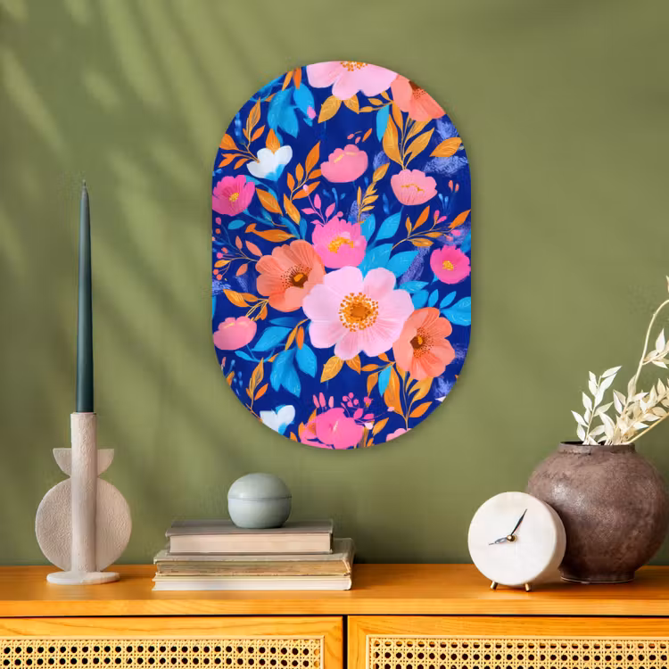 Bloemen - Blauw - Roze Wandcirkel Ovaal Forex klein -sfeer2