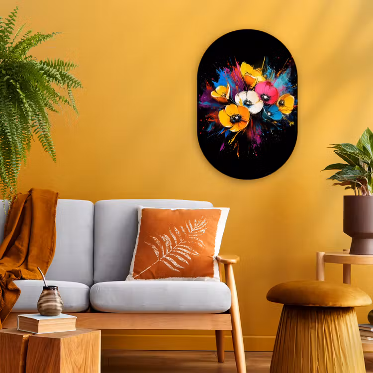 Bloemen - Kleurrijk - Graffiti - Modern - Boeket Wandcirkel Ovaal Forex klein -sfeer4