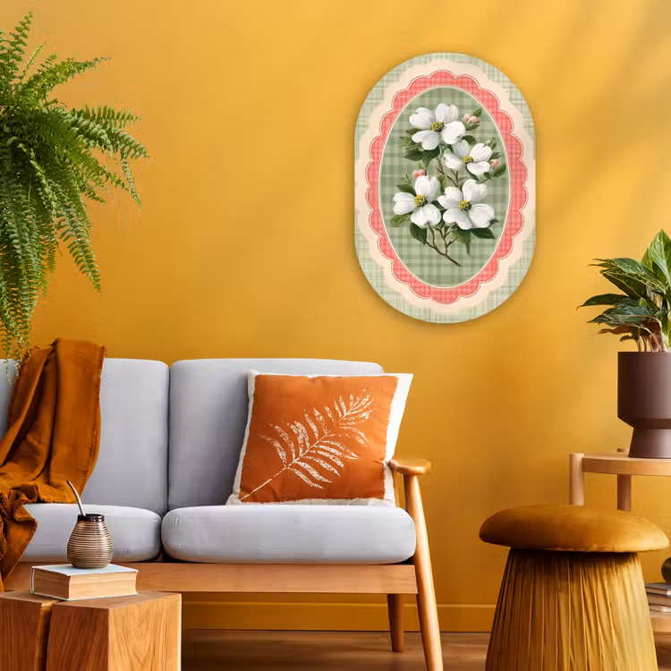 Bloemen - Illustratie - Geruit - Groen Wandcirkel Ovaal Forex klein -sfeer4