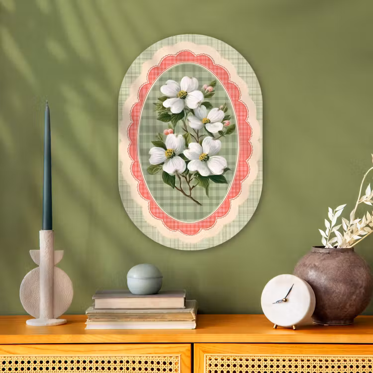 Bloemen - Illustratie - Geruit - Groen Wandcirkel Ovaal Forex klein -sfeer2