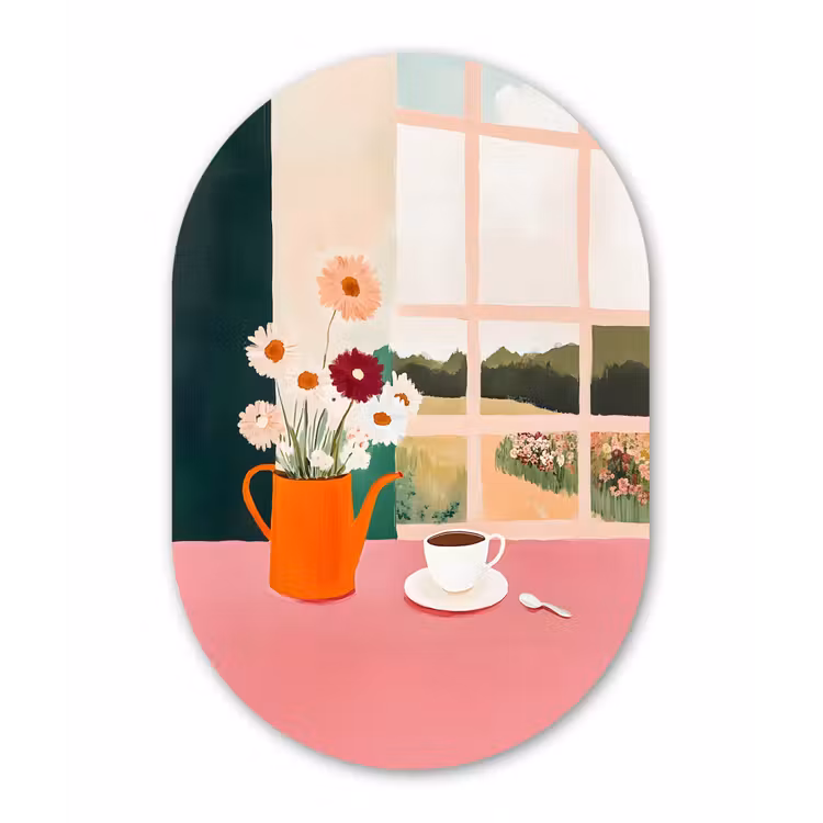 Bloemen - Koffie - Raam Wandcirkel Ovaal Forex klein -3d