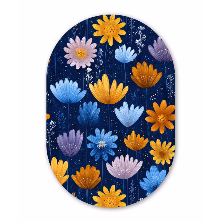 Bloemen - Patroon - Blauw - Contrast Wandcirkel Ovaal Forex klein -3d