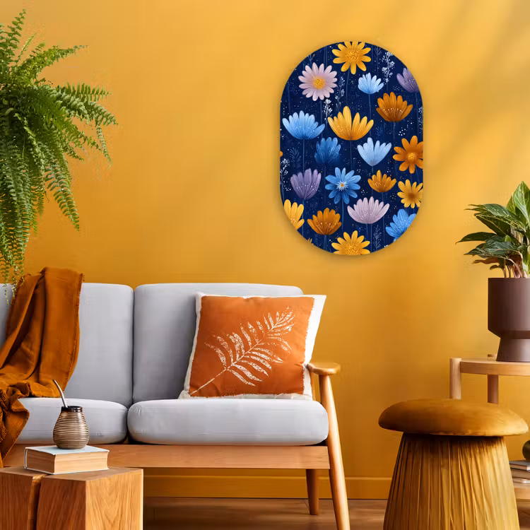 Bloemen - Patroon - Blauw - Contrast Wandcirkel Ovaal Forex klein -sfeer4