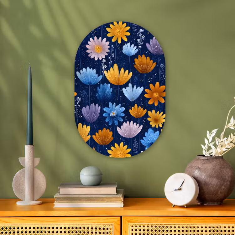 Bloemen - Patroon - Blauw - Contrast Wandcirkel Ovaal Forex klein -sfeer2