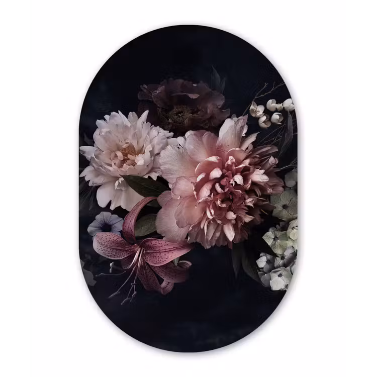 Bloemen - Vintage - Pastel - Zwart - Boeket Wandcirkel Ovaal Forex klein -3d