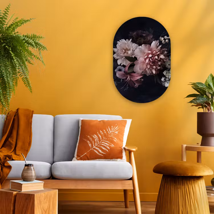 Bloemen - Vintage - Pastel - Zwart - Boeket Wandcirkel Ovaal Forex klein -sfeer4