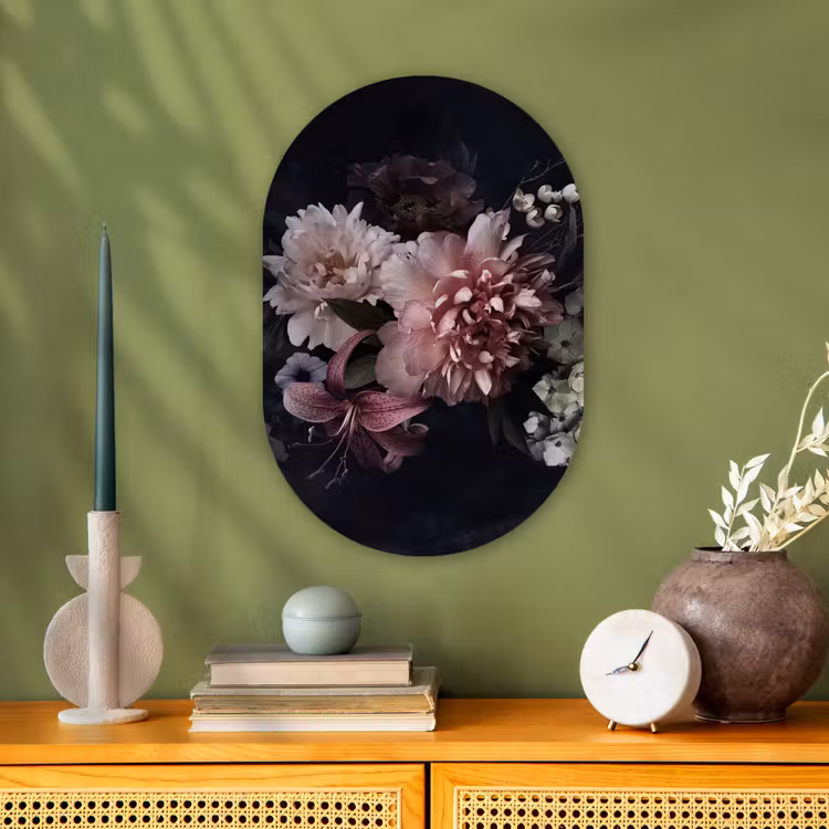 Bloemen - Vintage - Pastel - Zwart - Boeket Wandcirkel Ovaal Forex klein -sfeer2