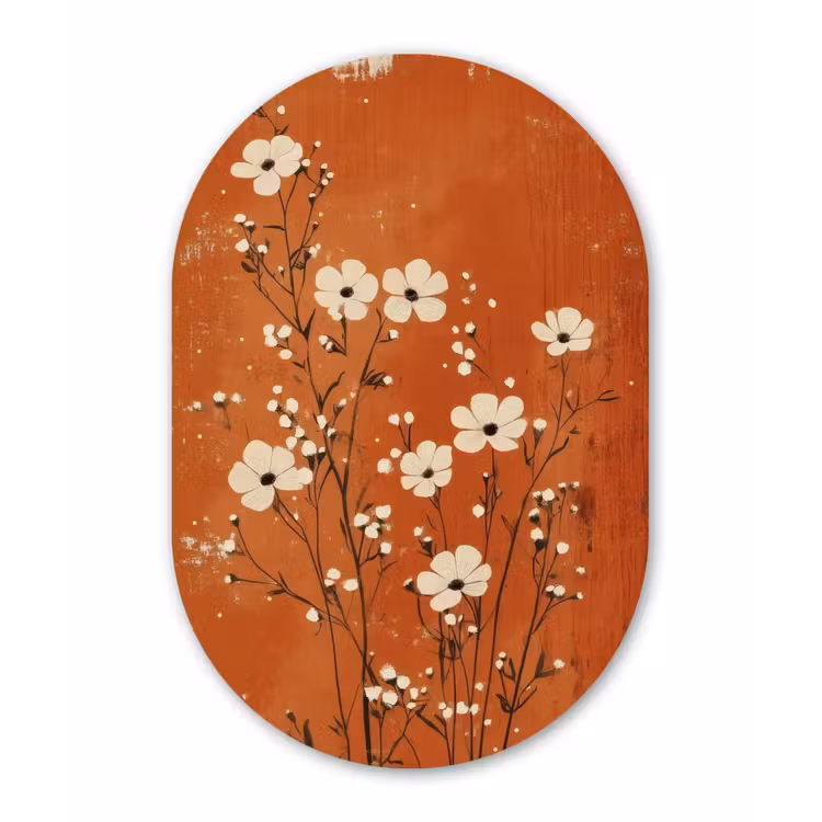Bloemen - Wit - Subtiel - Roestkleur Wandcirkel Ovaal Forex klein -3d