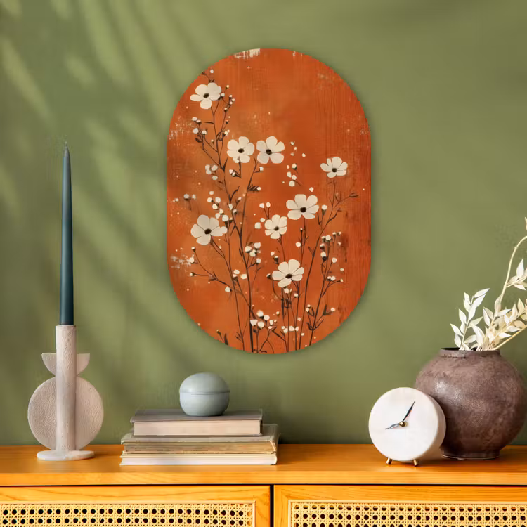 Bloemen - Wit - Subtiel - Roestkleur Wandcirkel Ovaal Forex klein -sfeer2