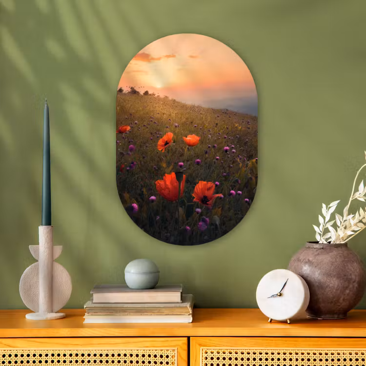 Bloemenveld - Gras - Bloemen - Planten - Zonsondergang - Oranje Wandcirkel Ovaal Forex klein -sfeer2