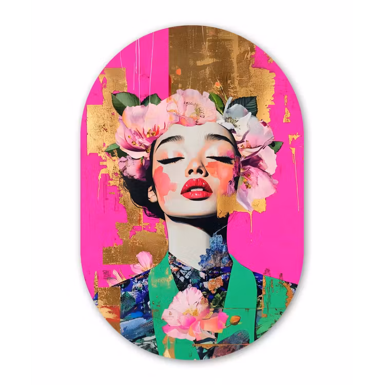 Bloemenkroon - Goud - Vrouw - Portret Wandcirkel Ovaal Forex klein -3d