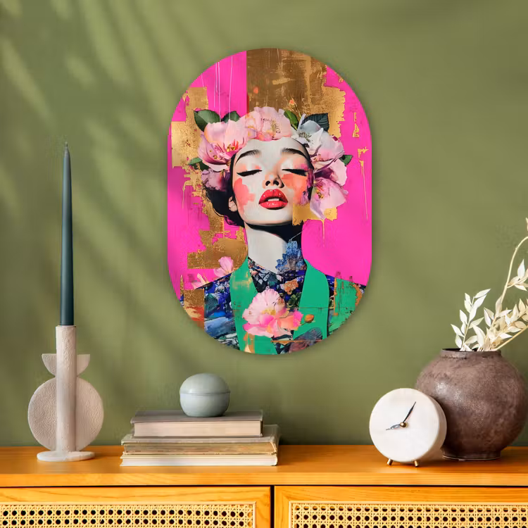 Bloemenkroon - Goud - Vrouw - Portret Wandcirkel Ovaal Forex klein -sfeer2