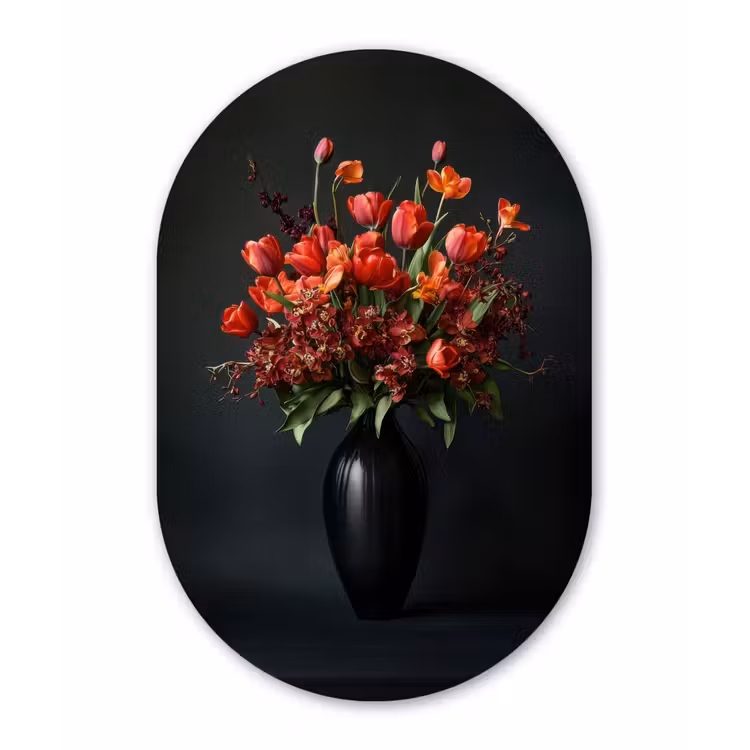Boeket - Tulpen - Vaas - Rood Wandcirkel Ovaal Forex klein -3d