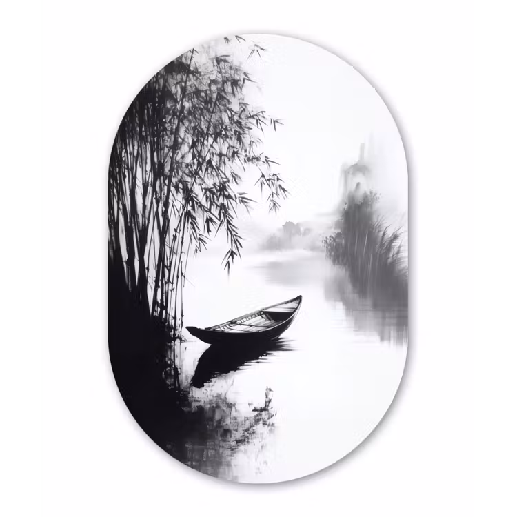 Boot - Rivier - Bamboe - Wit Wandcirkel Ovaal Forex klein -3d