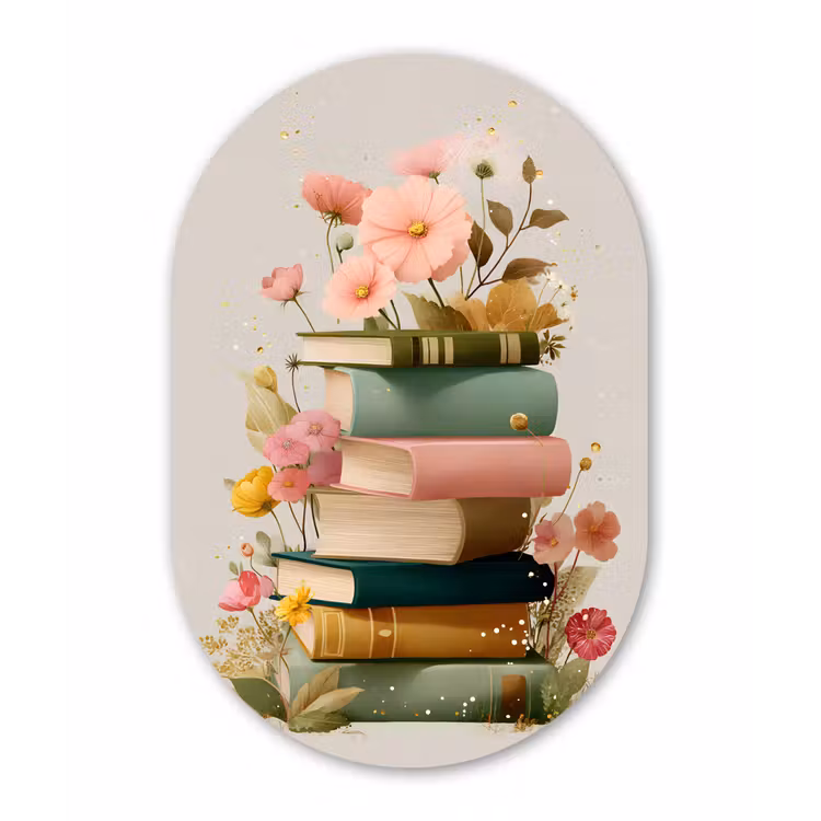 Boeken - Stapel - Bloemen - Kleurrijk Wandcirkel Ovaal Forex klein -3d