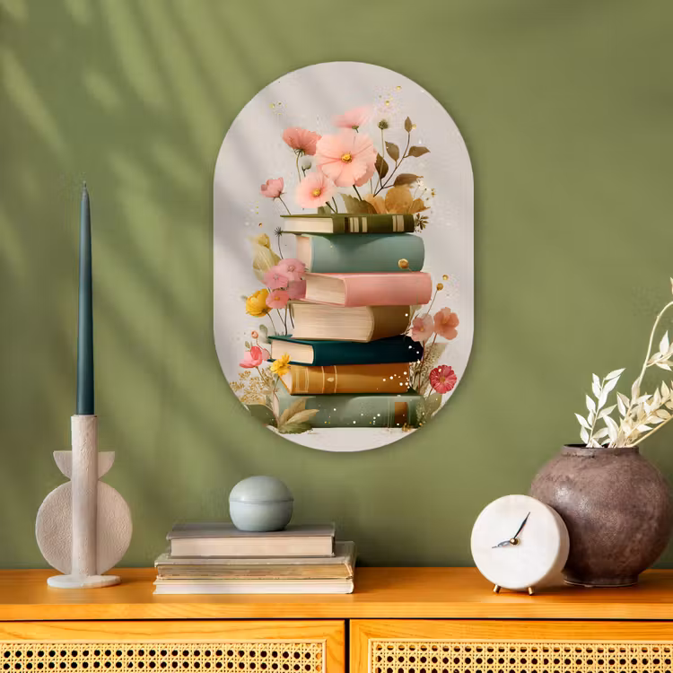 Boeken - Stapel - Bloemen - Kleurrijk Wandcirkel Ovaal Forex klein -sfeer2