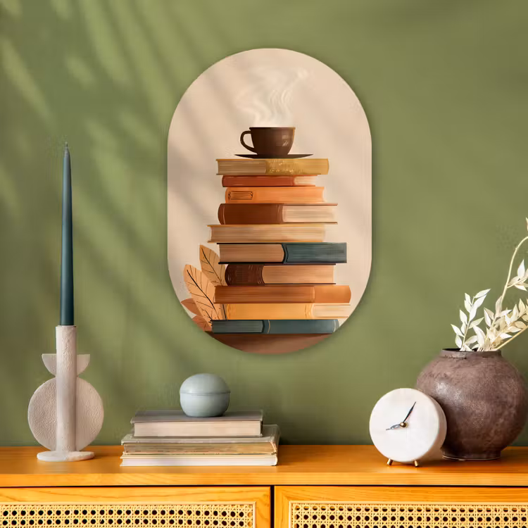 Boeken - Toren - Koffie - Beige Wandcirkel Ovaal Forex klein -sfeer2