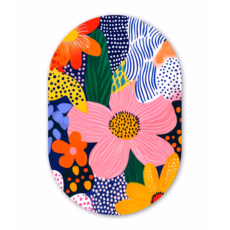 Kleurrijk - Bloemen - Abstract - Stippen Wandcirkel Ovaal Forex klein -3d