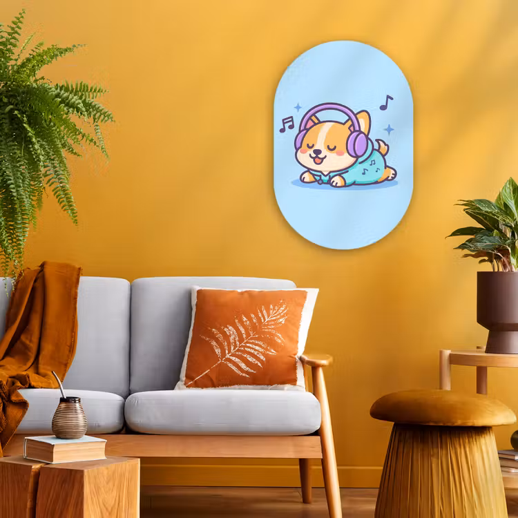 Corgi - Koptelefoon - Blauw - Muzieknoten Wandcirkel Ovaal Forex klein -sfeer4