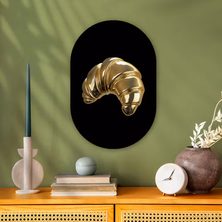Croissant - Brood - Goud - Zwart Wandcirkel Ovaal Forex klein -sfeer2