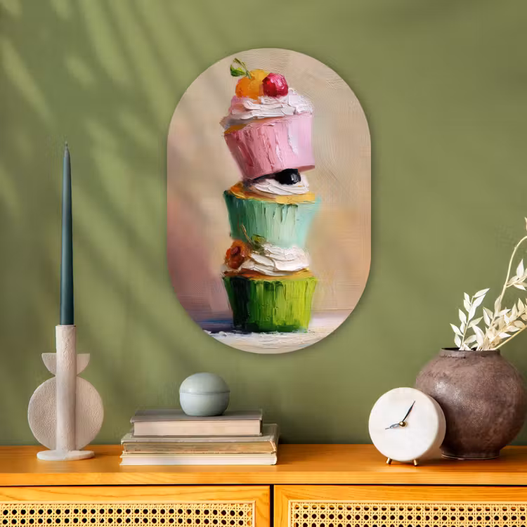 Cupcakes - Gestapeld - Kleurrijk - Fruit Wandcirkel Ovaal Forex klein -sfeer2