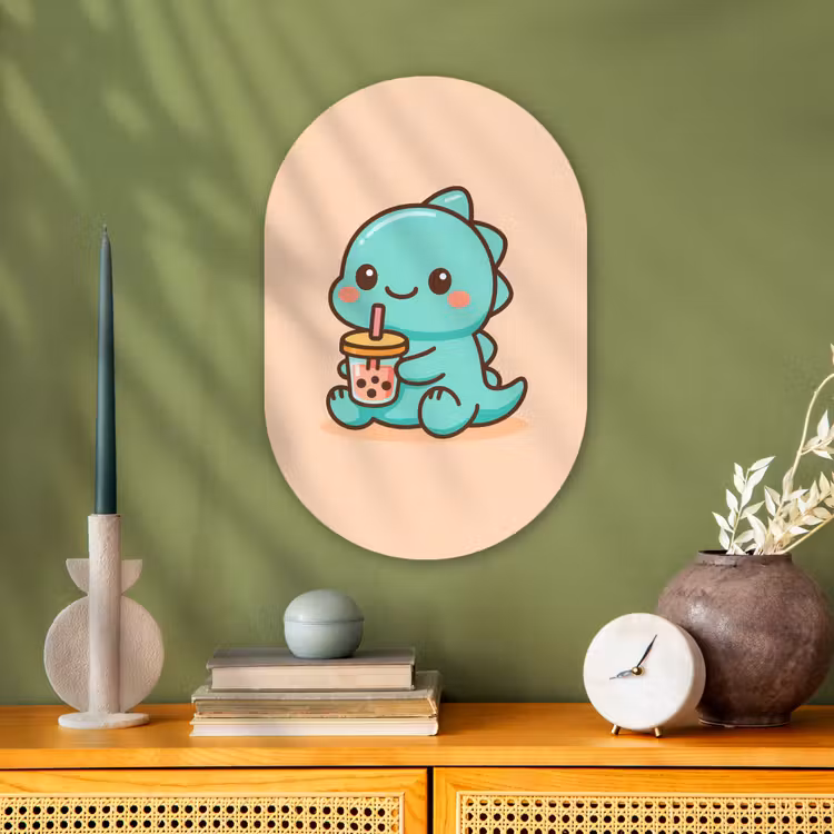Dino - Boba - kawaii - Oranje Wandcirkel Ovaal Forex klein -sfeer2